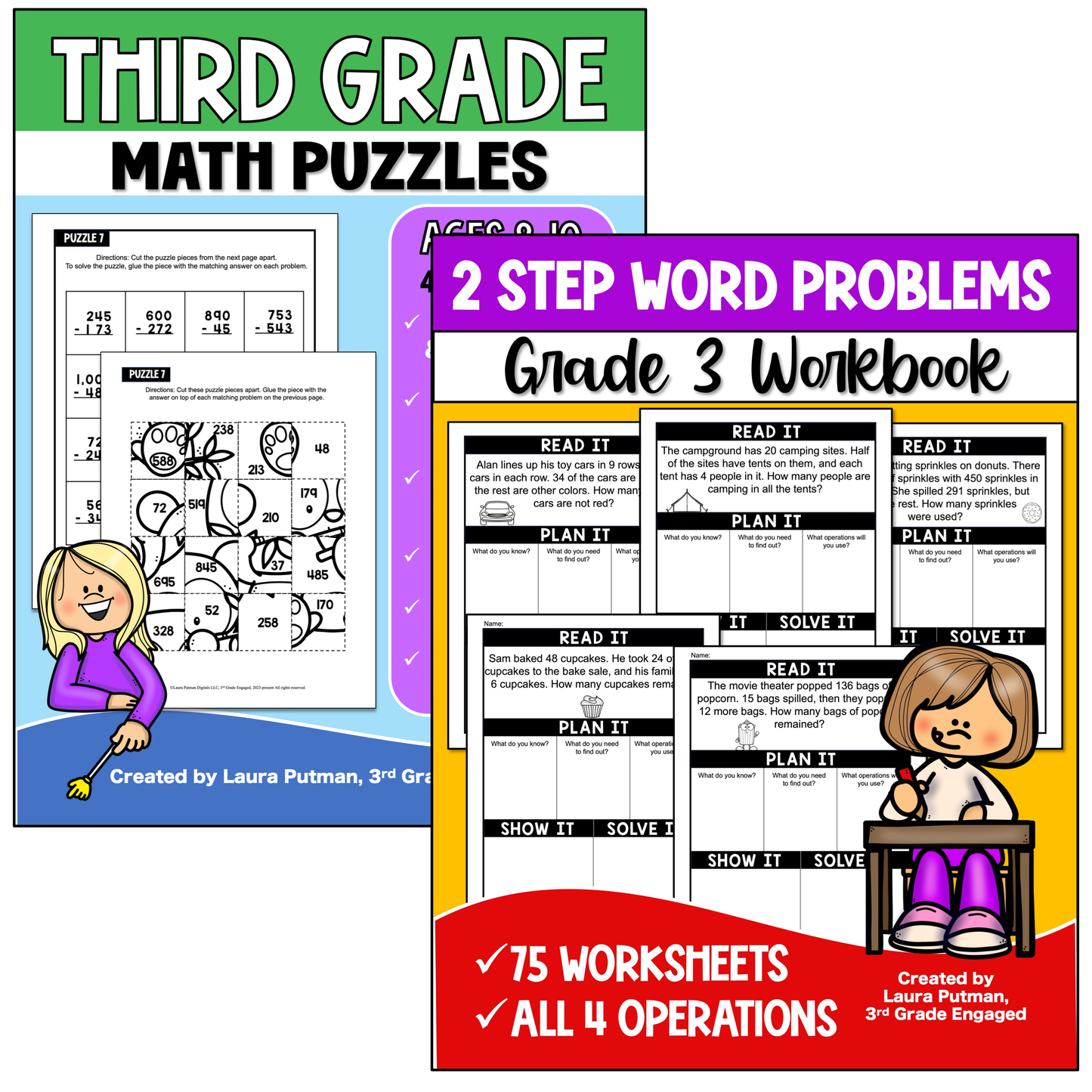 3rd Grade Math Puzzles and 2 Step Word Problems Bundle